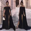 Yeni Şaşırtıcı Siyah Kız Tarafı Bölünmüş Abiye Seksi Kapalı Omuz Capped Kol Gelinlik Modelleri Kılıf Uzun Kırmızı Halı Elbiseleri