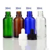 30 ml glasdroppflaskor Amber Clear Green Blue Essential Oljebehållare 1oz 660pcs mycket med barnsäker keps