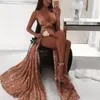 Rose Gold Cekiny Linia Długie Sukienki Prom 2019 Lace Up Powrót Piętro Długość Suknie Sexy Wysokie Party Wear