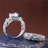 Cor prata 2 rodadas anel moda anéis de casamento conjunto cúbico zircônia jóias oco amor coração flor casal banda naval
