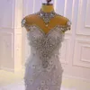 Lüks Yüksek Boyun Kristal Boncuklu Mermaid Gelinlik Vintage Arapça Dubai 3D Çiçek Dantel Aplike Artı Boyutu Gelin Gelinlikleri CPH057