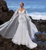 Mermaid Wedding Dresses With Cape Full Lace Appliqued Jewel Neck Cap Sleeve Bridal Gowns Sweep Train Wedding Dress