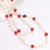 Whole- luxury designer classic style elegant camellia flower pearl chain long sweater statement necklace for woman309h