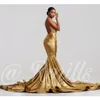 Sexy Gold Mermaid Prom Dresses Long Halter Neck Deep V Neck Lace Applique Backless Formal Dress Evening Wear Vestidos de fiesta largos