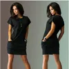 Robes moulantes pour femmes, col rond, manches courtes, col rond, noir, bleu, rouge, Dre, Slim, poche, t-shirt, été