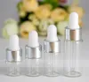 Silver Cap White Rubber Top 1ml 2ml 3ml Parfym Essential Oljeflaskor Amber Clear Glass Dropper Bottle Jars Flaskor med Pipette 1200pcs