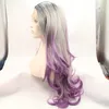 Stock Body wave ombre Lace Front Wig Glueless three tone grey /purple Synthetic wig Heat Resistant Hair Long Women Natural Wigs