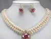 New coming! 2 row white7-8mm pearl necklace17-18'' + heart pink zircon pendant earring set