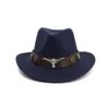 Sombreros Fedora de fieltro de lana británica para hombre y mujer, sombreros Fedora de vaquero Jazz, banda decorativa con cabeza de piel de vaca, ala ancha, sombrero de Sol de Panamá, sombreros de Carnaval