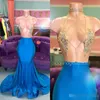 2020 Blue Illusion Bodice Prom Dresses Mermaid Halter Luxe Beaded Crystallen Custom Made Plus Size Avond Feestjurken Formele Gelegenheid Dragen