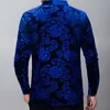 Royal Blue Velvet Velor Shirt Men 2020 Spring New Slim Fit Long Sleeve Mens Floral Dress Shirts Casual Button Down Chemise 2XL2695