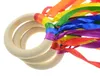 Rainbow Hand Kites Wood Ring Ribbon Streamer Runner Toys Dancing Ring Sensory Ribbon Wind Wand for Birthday Party Favors Christmas Gift