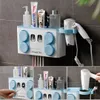 4 in 1 Automatic Toothpaste Dispenser Wall Mounted Toothbrush Holder + Cups Hair Dryer Holder Bathroom Set Storage Shelf Rack