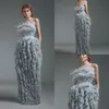 2020 mantel kvällsklänningar Strapless Feather Crystal Tiered Kjolar Tulle Formell Klänningar Golvlängd Prom Dresse