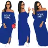 Plus Size Casual Bodycon Dress Women Cold Shoulder Letter Printed Package Hip Dress Sexy 2019 New Slash Neck Long Sleeve Split Maxi Dresses
