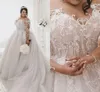 2020 Floral Lace Pearls Plus Size Bröllopsklänningar Bollklänning Illusion Långärmad Jewel Robes de Mariée African Bridal Vestidos de Novia