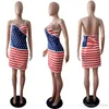 Kvinnor US American Flag Print Beach Dress Bandage Stjärnor Stripes V-Neck Backless Spaghetti Strap Klänningar