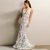 En Stock creux robe blanche soir Belle Illusion Traîne transparent dentelle perlée sirène robe de soirée printemps Robes de mariée