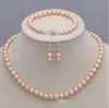 Mooie 7-8mm natuurlijke Akoya Freshwater Pearl Rose ketting armband oorbellen 18 ''