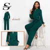 Rompers Sheinside Green Tie midjeskjorta Detalj Jumpsuit Elegant raka ben Jumpsuits for Women 2019 Hög midja långärmad jumpsuit