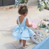 Sky Blue Short Flower Girls Dresses Applique Tiered Girls Party Toddler Pageant Baby Födelsedagklänningar Kids Cupcake First Communion Dress