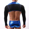 Sexy Mens Undershirt Patchwork Pu Braço de Couro Mangas Masculinas Armão De Couro Faux Snug-Fitting Underwear Club Stage Tops