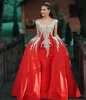 Röd sjöjungfrun prom klänningar med löstagbar tåg golvlängd kristallpärlor formella aftonklänning party klänningar mantel de soiree