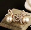 Wholesale- luxury designer cute lovely diamond rhinestone sweet bow pearl stud earrings for woman girls