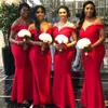 African Red Mermaid Подружки Невесты Новейший с плеча этаж Длина Длинные свадебные платья партии платье Robe де вечер