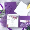 Invitaciones de boda clásicas cortadas con láser en tonos magenta de otoño y bolsillo floral morado con sobre, envío gratuito por UPS