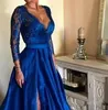 Royal Blue Side Split Evening Dresses 2020 V Neck Long Sleeves Lace Appliques Stain Formal Prom Party Gowns vestido de noite Custo279i