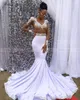 Luxus Strass Kristall Meerjungfrau Weiß Ballkleider Lange Ärmel V-ausschnitt Afrikanische Schwarze Mädchen Abschlussfeier Kleider Gala Kleid