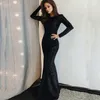 Sparkly Sequins Black Mermaid Evening Dresses Bling Bling Modest Long Sleeve Floor Length Prom Party Gowns Custom Made