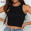 Camisas de barriga sem mangas Camis Camis Mulheres de malha de fitness tanques com nervuras de fitness 2020 verão casual exército sólido verde o-gola Sarafan G1653