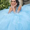 Bleu ciel volants broderie perlée cristal Quinceanera doux 16 robes 2020 col en V manches longues Tulle bal robes de bal Pageant fête robes