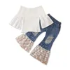 Vêtements d'été pour bébés filles, chemise élastique à épaules dénudées + pantalon en jean en dentelle perlée, ensemble de 2 pièces