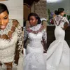 2023 Africain Noir Fille Plus La Taille Robes De Mariée Sirène Col Haut Dentelle Appliques Perlé Cristal Illusion Manches Longues Longues Robes De Mariée