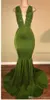 African Olive Green Mermaid Prom Dresses Satin Pärledspets Appliced ​​Sweep Train Arabiska fest Kvällsklänningar HY212