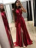 Sexy Halter Red Satin Evening Dresses Pleated High Split Floor Length Backless Prom Dresses Simple Party Gowns2492