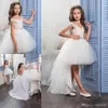 Nouvelles Robes De Filles De Fleur Pour Les Mariages Jewel Neck Cap Manches Dentelle Appliques Perles Haute Basse Longueur Anniversaire Enfants Fille Pageant Robes