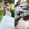 Lace Mermaid Wedding Dresses Off Shoulder Layered Ruffles Sweep Train Boho Wedding Bridal Gowns South African robes de mariée