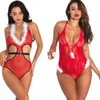Vrouwen Sexy V-PLUND witte fuzzy trim halslijn en kant uitsnijding kerst vakantie rood mesh high-cut teddy met zwart riem lingerie nachtkleding
