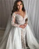 Sexy Mermaid Dresses Crystal Beaded Lace Illusion Long Sleeve Detachable Train Bride Gowns Custom Made Wedding Gown