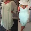 Plus Size Mother of the Bride Suits Mint Green V-Neck Lace Appliques Top Tea Length Wedding Party Guest Gowns with Long Sleeve Jacket