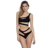 Costume intero da donna Completo da bikini sexy Scava fuori Costume da bagno solido Costume da bagno blu da spiaggia Tagliato una fasciatura a spalla Reggiseno da bagno Slip perizoma