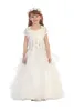 白いレースのビーズの花の女の子のドレス刺繍のデザインチュールフリルティアリングされた床の長さのストラップの女の子のページェントのドレス