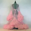 Seksowne 2021 Kobiety Ruffles Pink Sleepwear for Bal Sukienka Kobiety Szlafrok Sheer Nightgown Długim Rękawem Suknia Wieczorowa Robe Prom Druhna Shawel