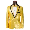 Jaune Sequin Groom Tuxedos Peak Lapel Un Bouton Hommes Robe De Mariée Hommes Business Prom Darty Sing Host Performan vêtements (Veste + Pantalon + Cravate) 35