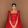 2020 Árabe aso ebi vermelho luxuoso lantejoulas de miçangas noturnas de uma linha de baile A-line Vestidos de festa formal sexy Segunda recepção ZJ432