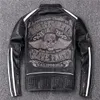 Hip Hop Skull Broderi Svartvita Stitching Motorcykel Läderjackor 100% Äkta Läderjacka